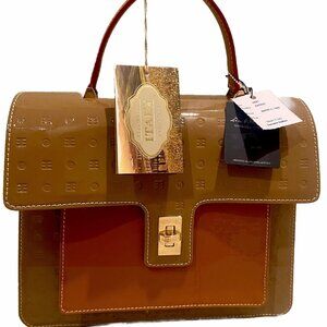 NWT Arcadia Italian Flap Satchel Dark Beige & Tan Patent Leather Crossbody
